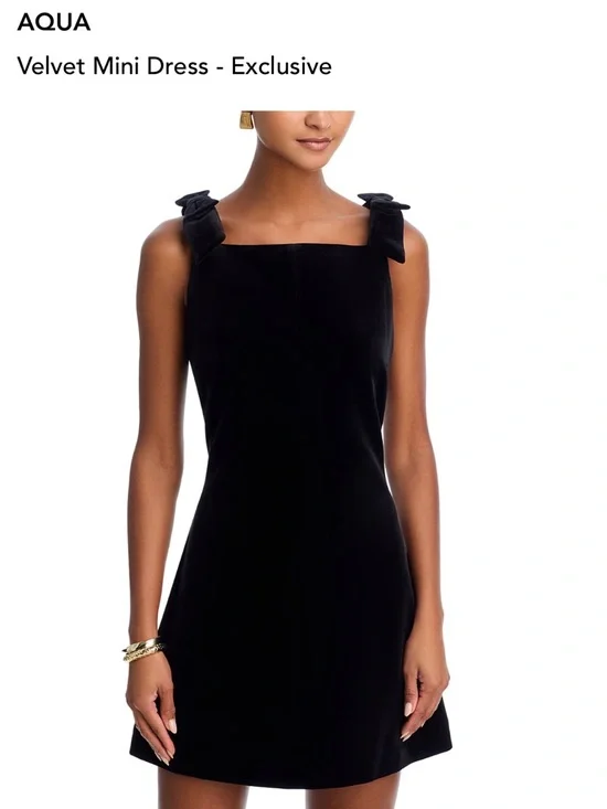 AQUA Velvet Mini Dress with Bow Shoulder Straps - Picture 2 of 8